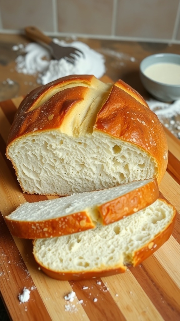 A golden-brown loaf of sourdough bread on a wooden board, with slices cut to show the soft interior.